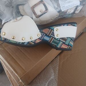 White Leather-Trim Multi-Color Woven Platform Clog Mules